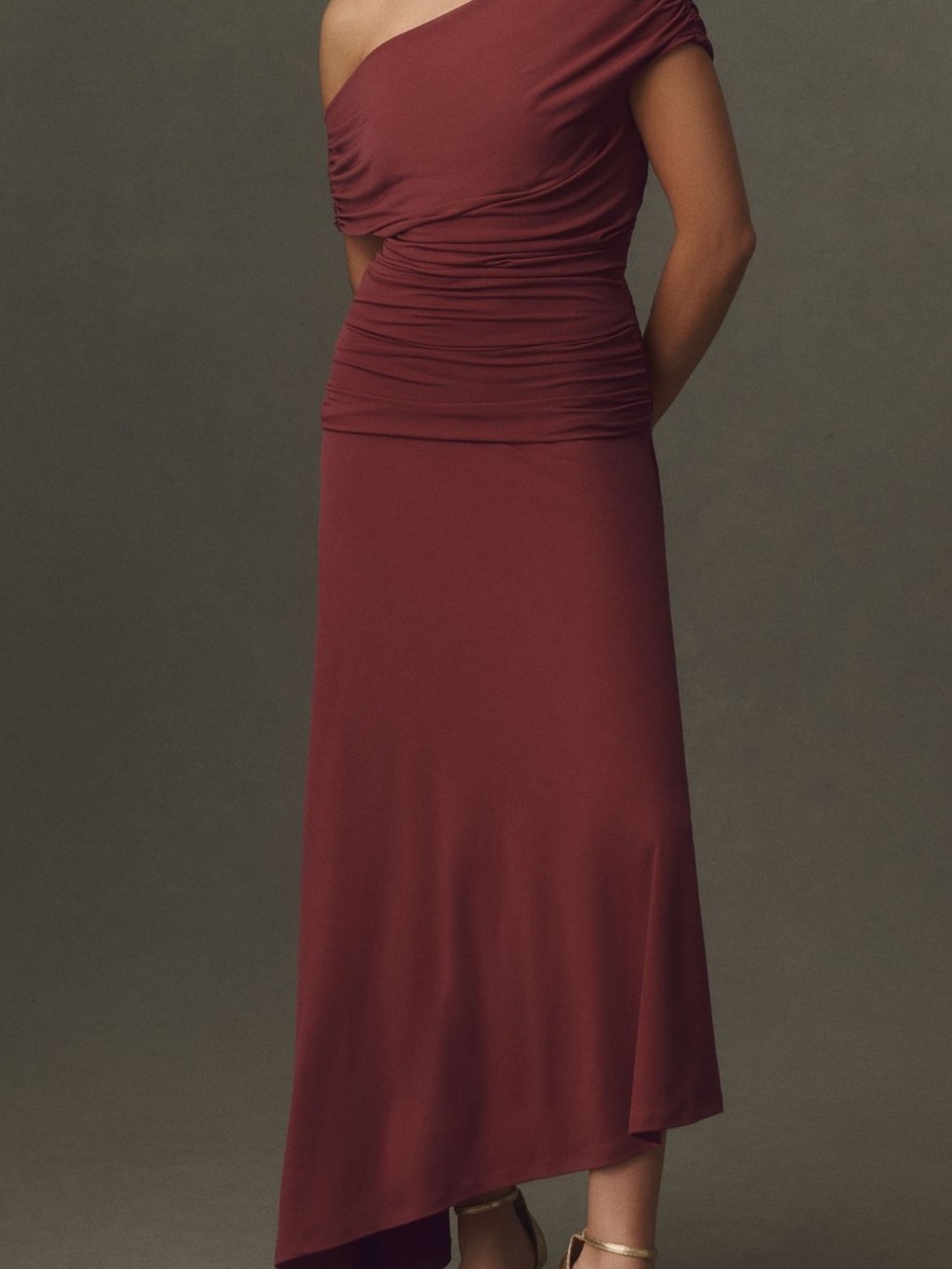 Anthropologie One-Shoulder Asymmetrical Maxi Dress in Burgundy